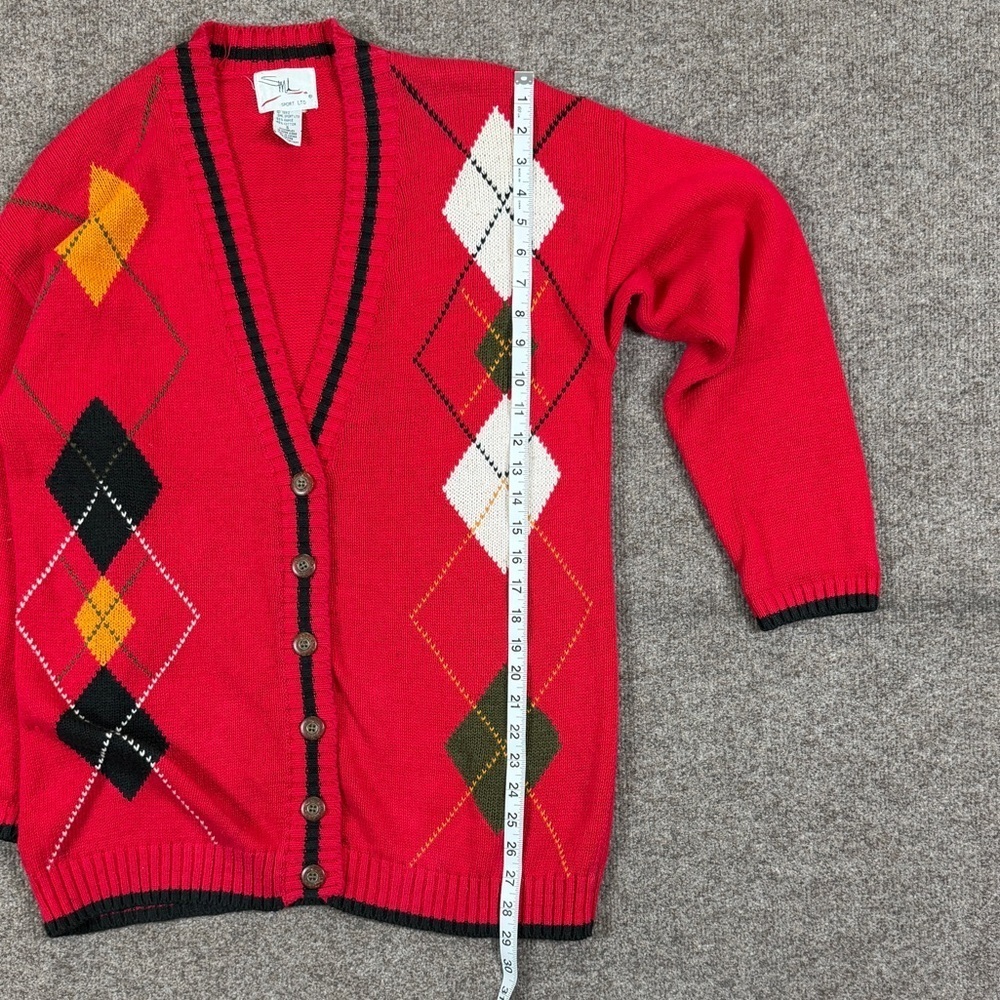 Vintage 90s Red Argyle Diamond Deep V-Neck Cardigan Sweater Women S Teacher Core - Picture 11 of 14
